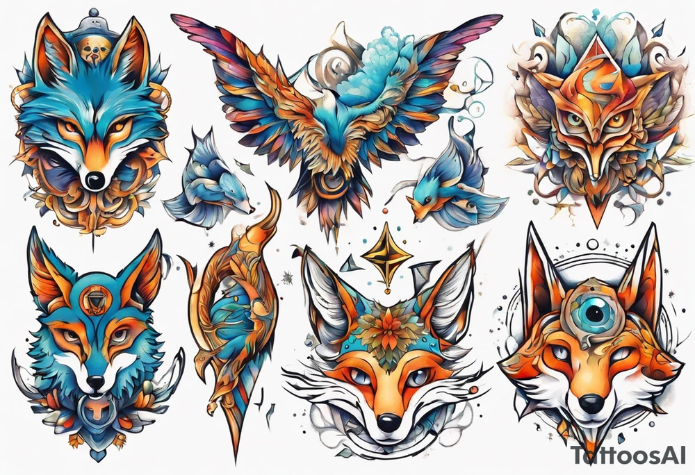 fisch, fuchs und eule , symetrie universum, bunt tattoo idea