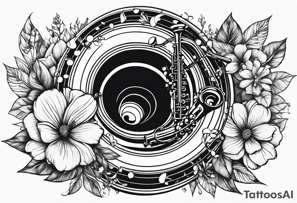 A saxaphone with flowers coming out of the hole (in the appearance of musical notes) tattoo idea
