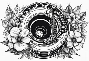 A saxaphone with flowers coming out of the hole (in the appearance of musical notes) tattoo idea