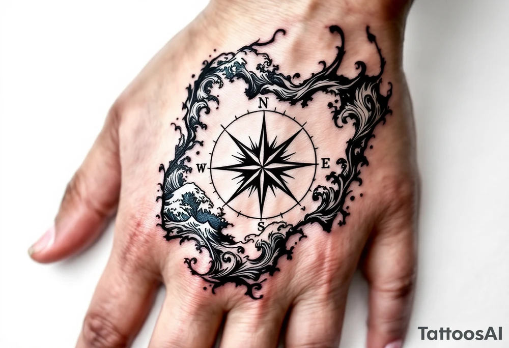 Compass on the back of the palm in the shape of Nigeria with longitude written on the top and latitude written on the bottom. Draw lines and water waves around the tattoo tattoo idea