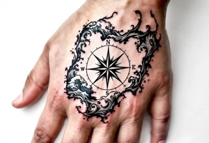 Compass on the back of the palm in the shape of Nigeria with longitude written on the top and latitude written on the bottom. Draw lines and water waves around the tattoo tattoo idea