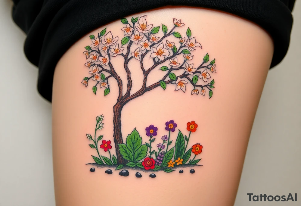 Lilly of the vally plants underneath a blooming hawthorn tree with other colorful plants on ground tattoo idea