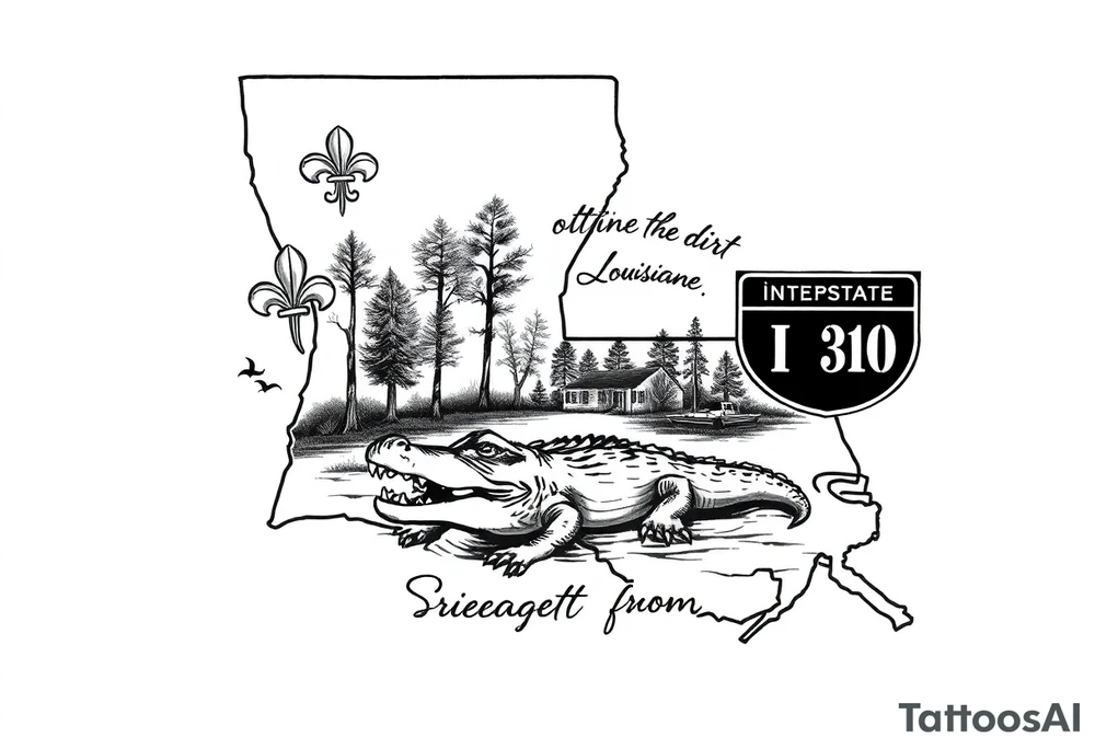 Louisiana state outline with fleur-de-lis, a bayou with a gator and trees , the 318 area code and and quote that says  Out the dirt, out the water, straight from 318 , a sign that says interstate I-20 tattoo idea
