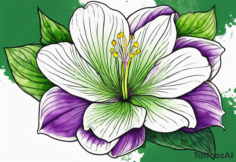 An outline of a rio dipladenia flower with a green and purple watercolor background tattoo idea