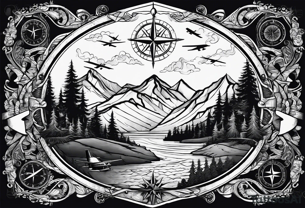 The word "HARK" as a banner with a mountain, compass and an airplane tattoo idea