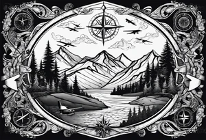 The word "HARK" as a banner with a mountain, compass and an airplane tattoo idea