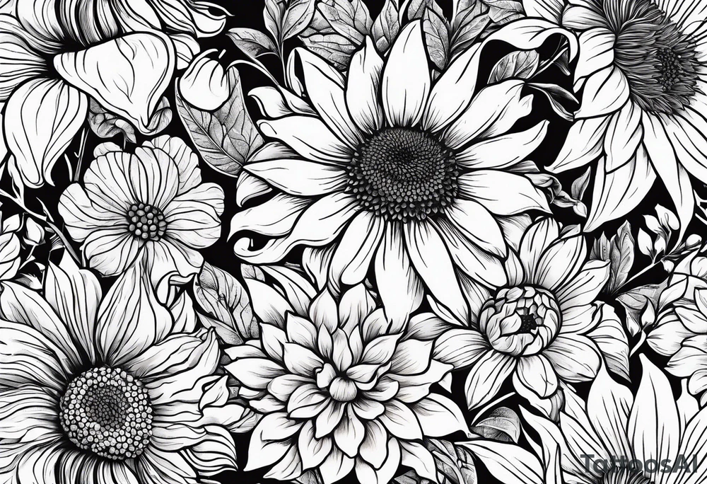 Sunflower daffodil, daisy, rose, Adler, chrysanthemum, holly Birth flower tattoo idea