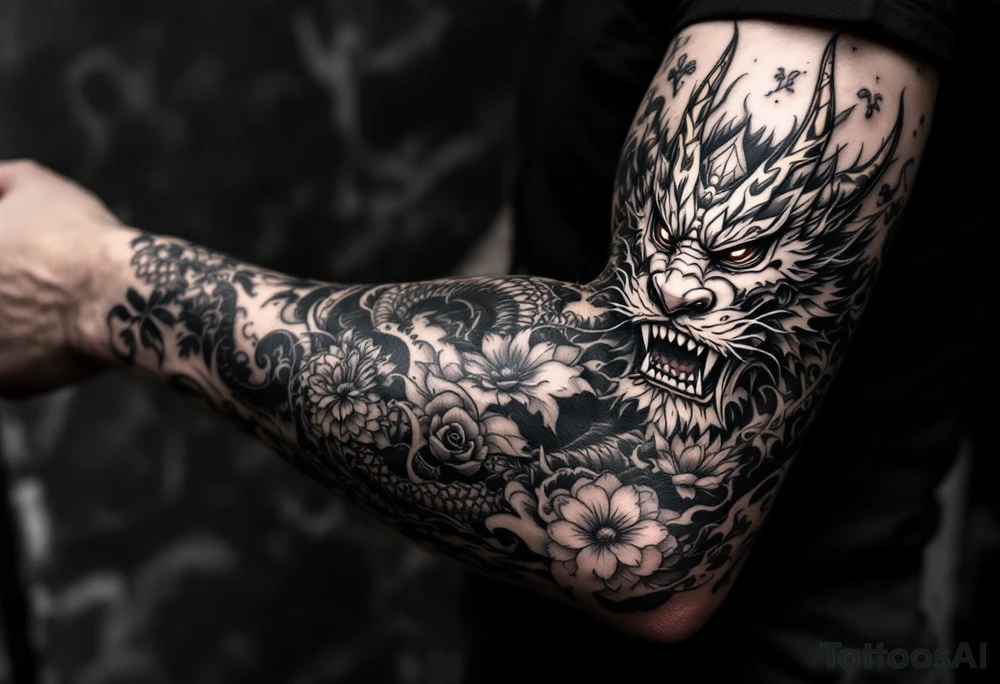 Japanese style forearm tattoo that shows a dragon an oni mask or warrier with incorporating some flower petals tattoo idea