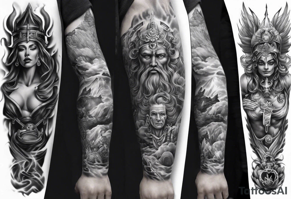 gods theme sleeve realistic tattoo idea