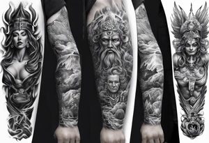 gods theme sleeve realistic tattoo idea