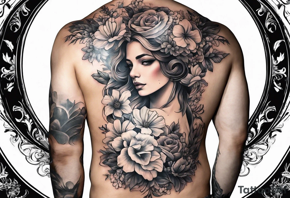Sleeve with blind Themis and flowers tattoo idea