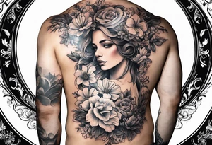 Sleeve with blind Themis and flowers tattoo idea