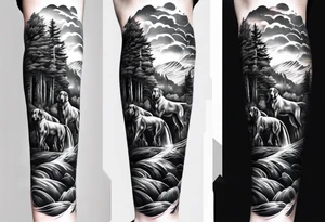 Full arm sleeve. Great Danes together exploring waterfall tattoo idea