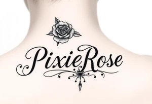 "PixieRose" above a man's eyebrow in a  gangsters Chicano calligraphy style font tattoo idea