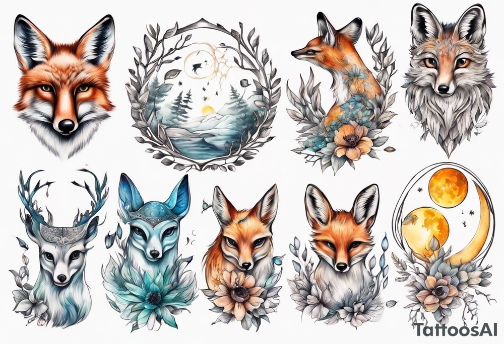 wasser sonne und mond fuchs eule kolibri wald hirsch blume des lebens tattoo idea
