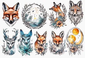 wasser sonne und mond fuchs eule kolibri wald hirsch blume des lebens tattoo idea