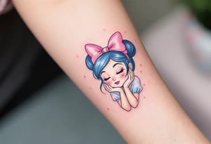 A delicate tattoo of Marie with her signature pink bow and a soft pastel watercolor background tattoo idea