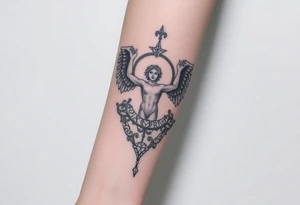 Unisci in un tatuaggio antlande che porta il peso del mondo con l’arcangelo san Michele e aggiungi elementi significativi della mitologia greca come il pantheon tattoo idea