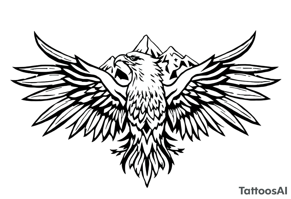 majestic eagle spreading wings against mountain peaks tattoo idea