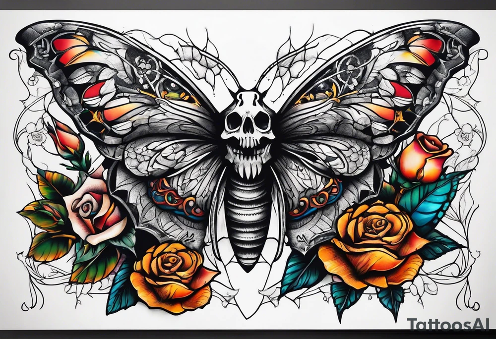 Moth with skull inside it and thorns and roses around it tattoo idea