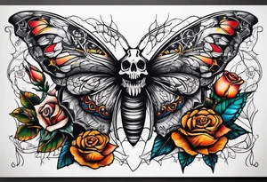 Moth with skull inside it and thorns and roses around it tattoo idea