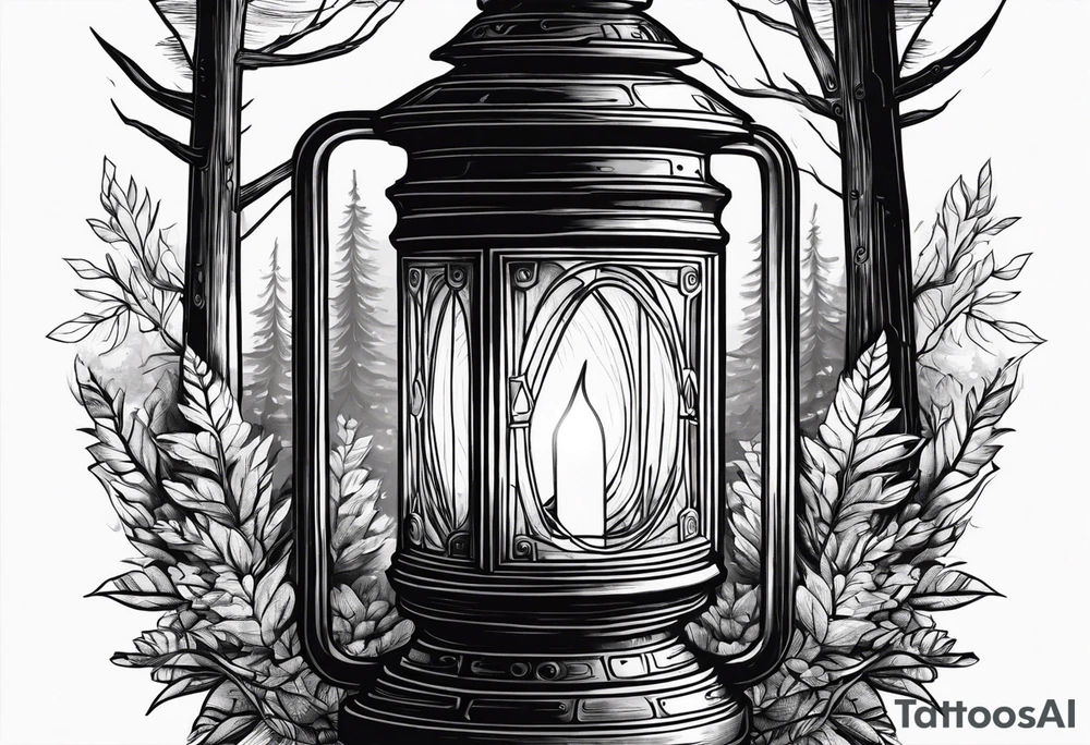 vintage lantern with a forest inside tattoo idea