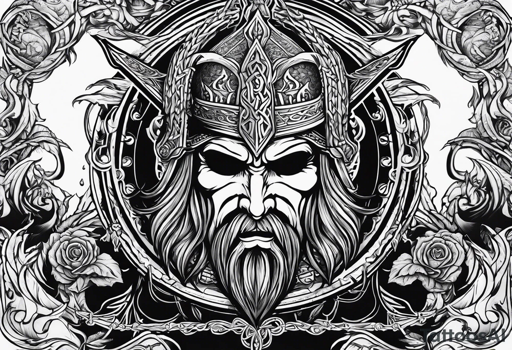 logo of the band Amon Amarth combined with rock features tattoo idea