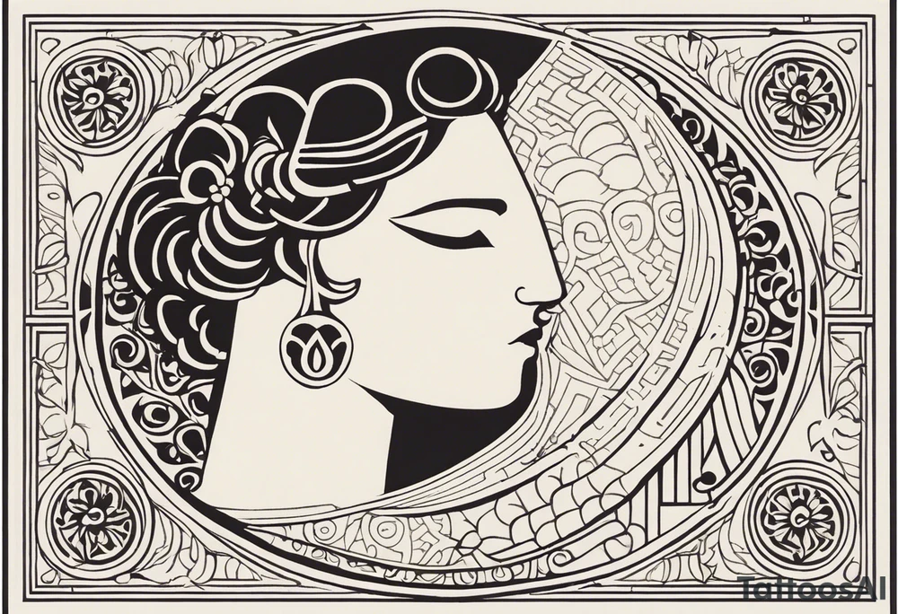Craft a minimalist yet evocative tattoo design inspired by ancient Greek art, featuring Dionysus and Clio. Employ simple, clean lines and geometric shapes reminiscent of classical Greek pottery or sculpture. For Dionysus, consider using subtle representations such as a grapevine winding around a thyrsus staff or a stylized wine goblet. Similarly, for Clio, incorporate minimalist symbols like a scroll unfurling or a laurel wreath encircling a lyre. Ensure the design retains a sense of timeless elegance while capturing the essence of both deities' domains and personalities. tattoo idea
