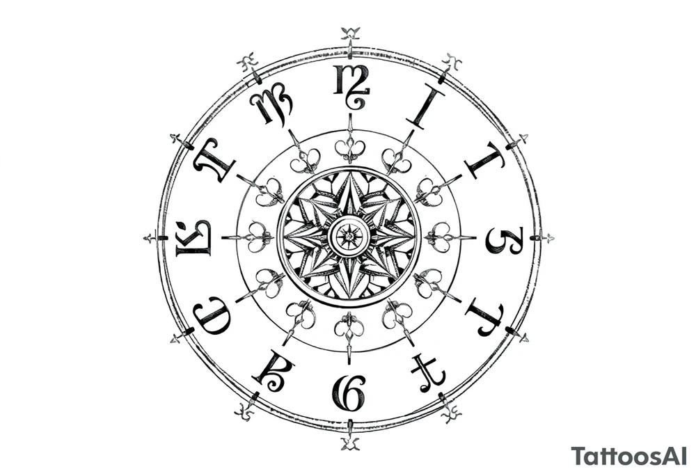 zodiac symbols and Norse runes within ornate clockwork mechanism tattoo idea