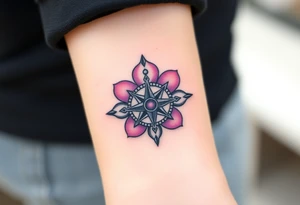 A single Violet with detailed compass at its center representing feminine power and an ankh or Celtic knot tattoo idea