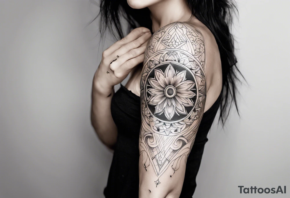 Sleeve tattoo on a woman's arm. Phoenix and mandala gold Flower and mandala Metatron's cube sacred geometry tattoo idea
