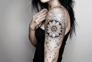 Sleeve tattoo on a woman's arm. Phoenix and mandala gold Flower and mandala Metatron's cube sacred geometry tattoo idea