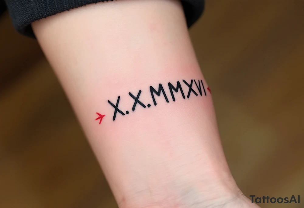 Bold black X.X.MMXVI on the forearm, paired with thin, faded red ink arrows pointing outward from each number. tattoo idea