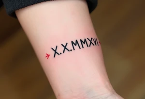 Bold black X.X.MMXVI on the forearm, paired with thin, faded red ink arrows pointing outward from each number. tattoo idea