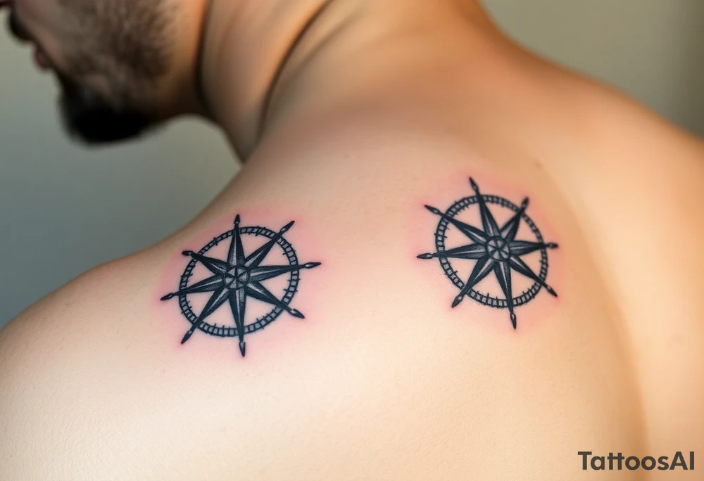 Father and child have identical black and grey compass tattoos symbolizing guidance through life’s journey. tattoo idea