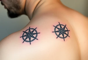 Father and child have identical black and grey compass tattoos symbolizing guidance through life’s journey. tattoo idea