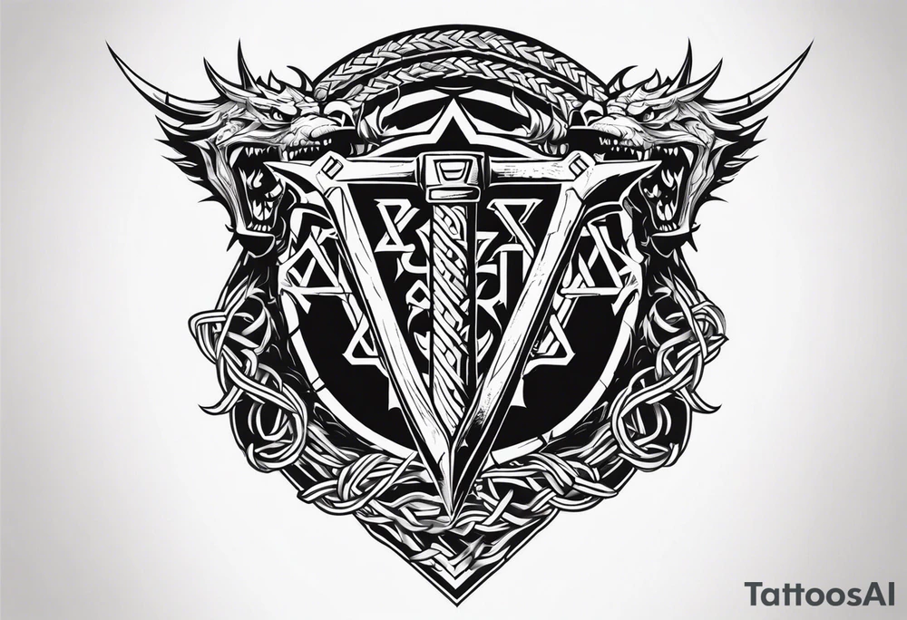 Valhalla sword shield dragon axe Valknut barbed wire chains fire tattoo idea