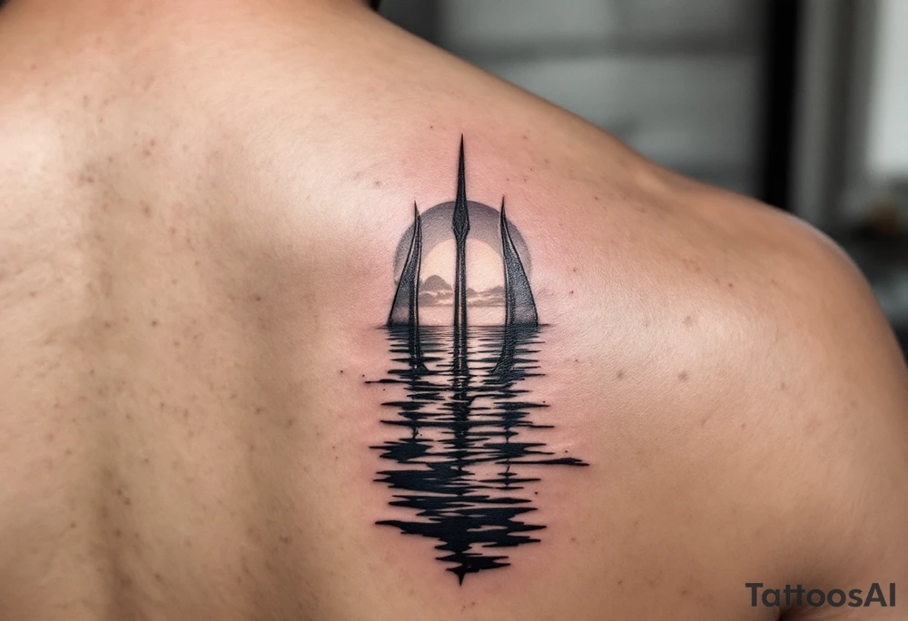 trident half way under calm water with sunset tattoo idea