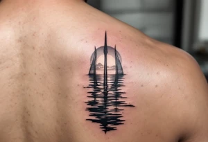 trident half way under calm water with sunset tattoo idea