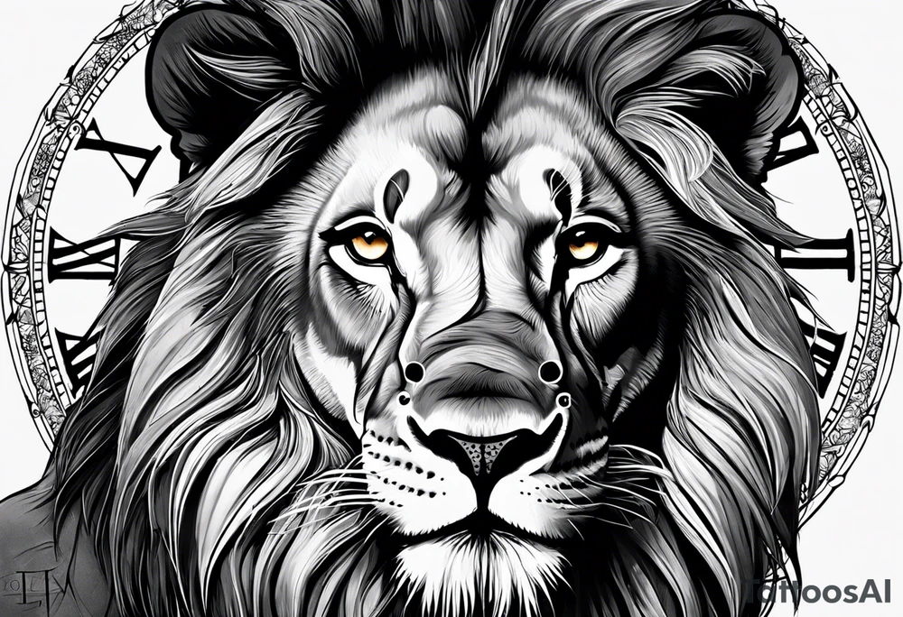 un Lion représentant le courage la determination et le travail avec une horloge à 10h28 tattoo idea