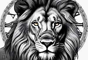 un Lion représentant le courage la determination et le travail avec une horloge à 10h28 tattoo idea