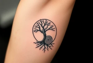 Tree inside of sun, spiral circle line moving roots to the right tattoo idea