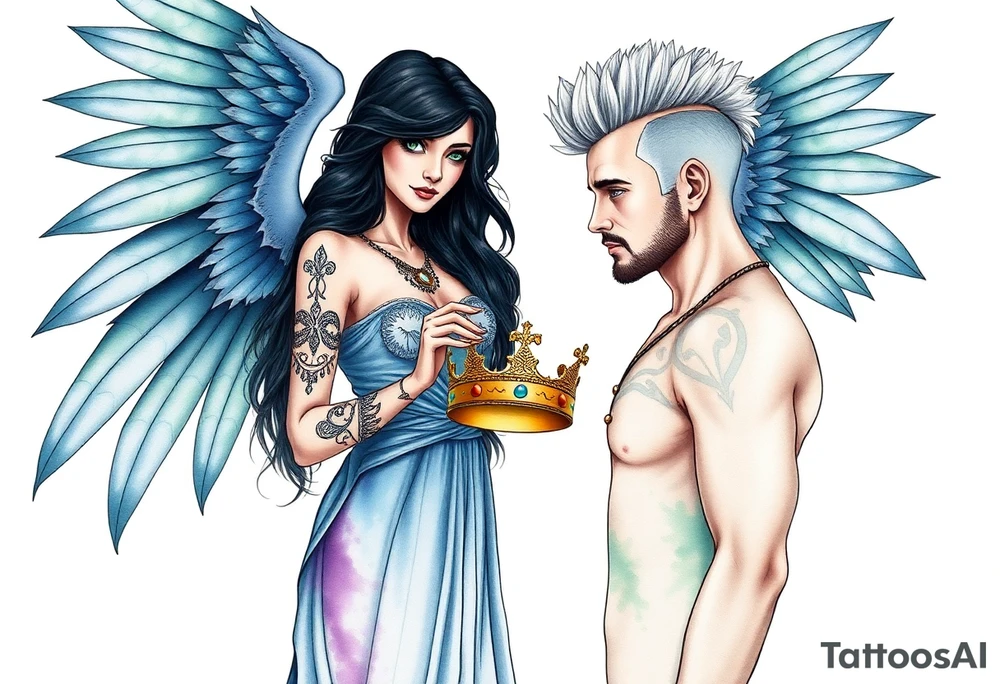 A Scorpio gypsy woman with wings like an angel and long black hair and green eyes holding a kings crown in her hands putting it on a tall man with silver short faux hawk hair and blue eyes. She is wearing a long flowing dress tattoo idea