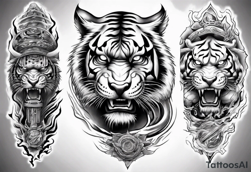 Tiger Warrior sleeve tattoo with lightning and the sun
Forearm sleeve tattoo idea
