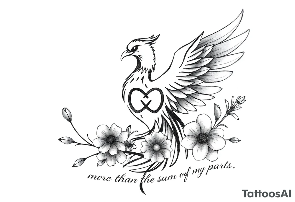 Create an elegant tattoo design featuring a phoenix rising, symbolizing strength and renewal. Integrate an infinity symbol within the phoenix’s form to represent eternal love. Incorporate a quill to signify wisdom, and include Australian native flowers, such as banksias or waratahs, with two buds symbolizing the names Oliver and Archer. Add the phrase ‘More than the sum of my parts’ in delicate script, following the curve of the design tattoo idea