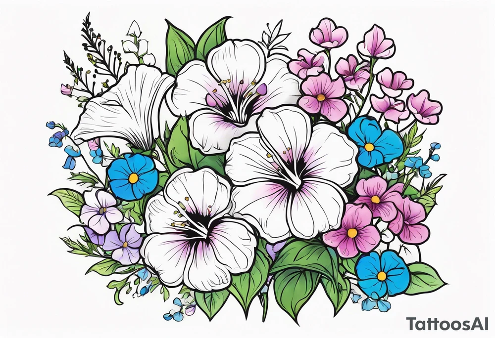 a vertical flower bouquet including sweet pea, larkspur, morning glory and cosmos tattoo idea