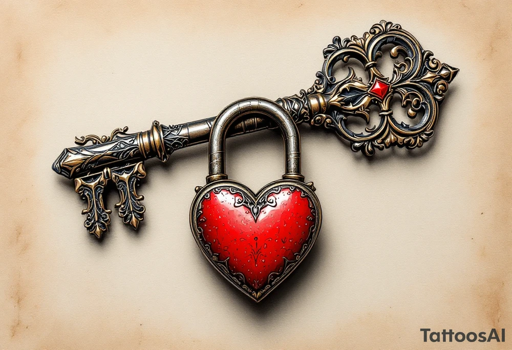 A detailed skeleton key with intricate engravings, paired with a large love lock hanging from the key. The lock’s shape is heart-like, and the key’s bow is decorated with an elegant filigree pattern. Deep bronze for the key and lock, with silver accents to highlight the engravings, and a pop of soft red for the heart-shaped lock. tattoo idea