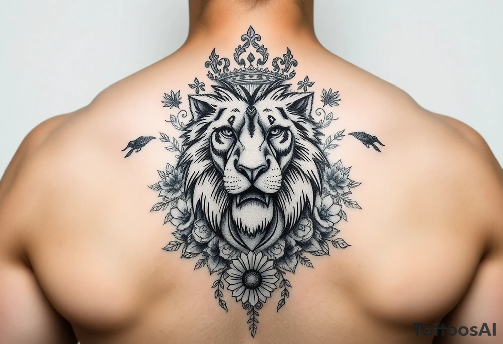 powerful majestic lion with a crown, surrounded by floral ornaments and birds tattoo idea