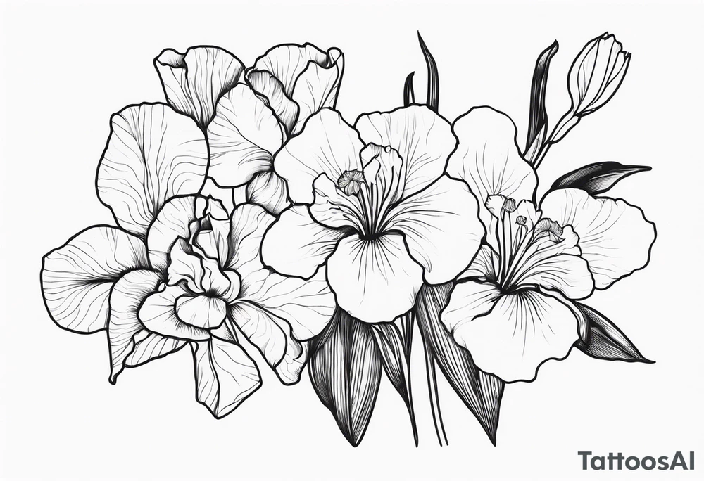 bouquet of biolet, primrose, and iris flowers tattoo idea