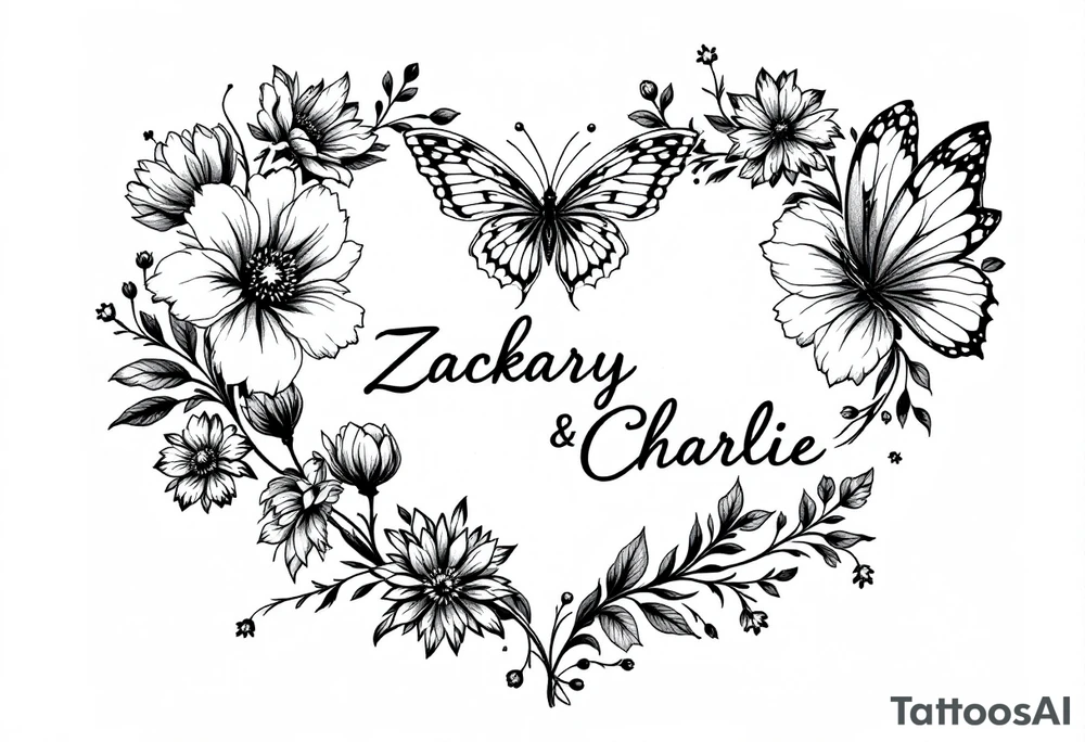 flowers, heart and butterfly with name Zackary and Charlie tattoo idea